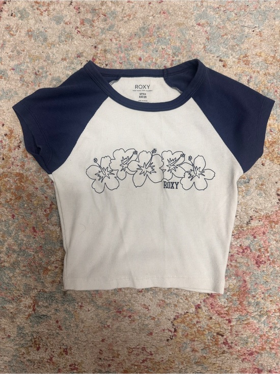 Roxy Tops - Roxy White Ribbed Tee with Navy Raglan Sleeves & Floral Graphic